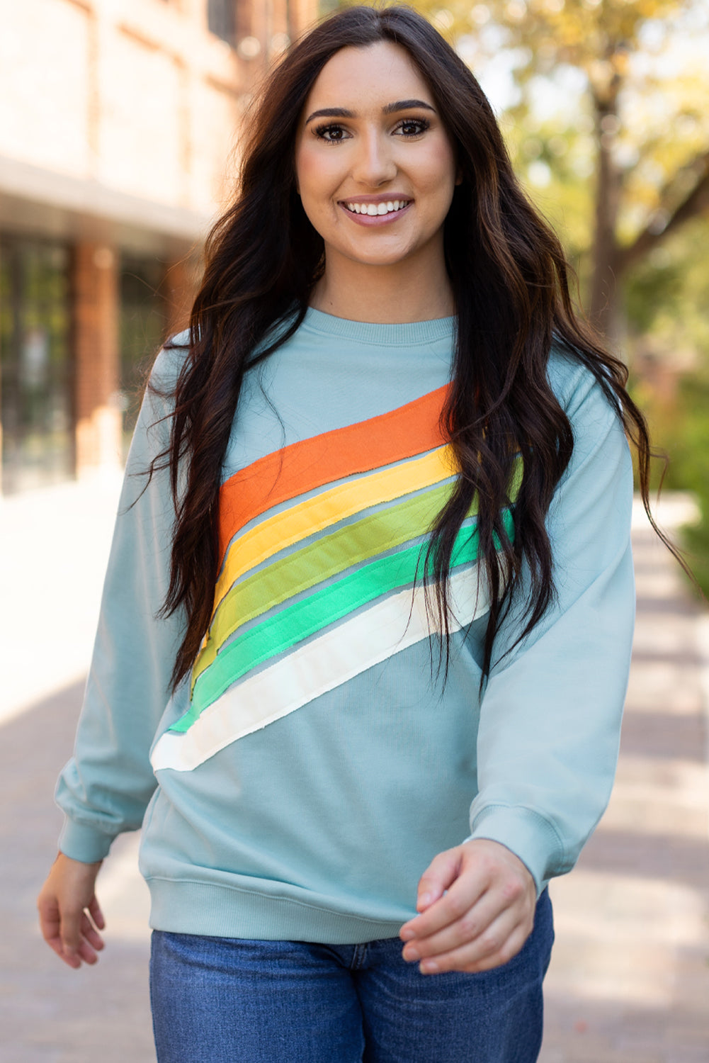 Women Rainbow Colorblock Striped Pullover Sweatshirt