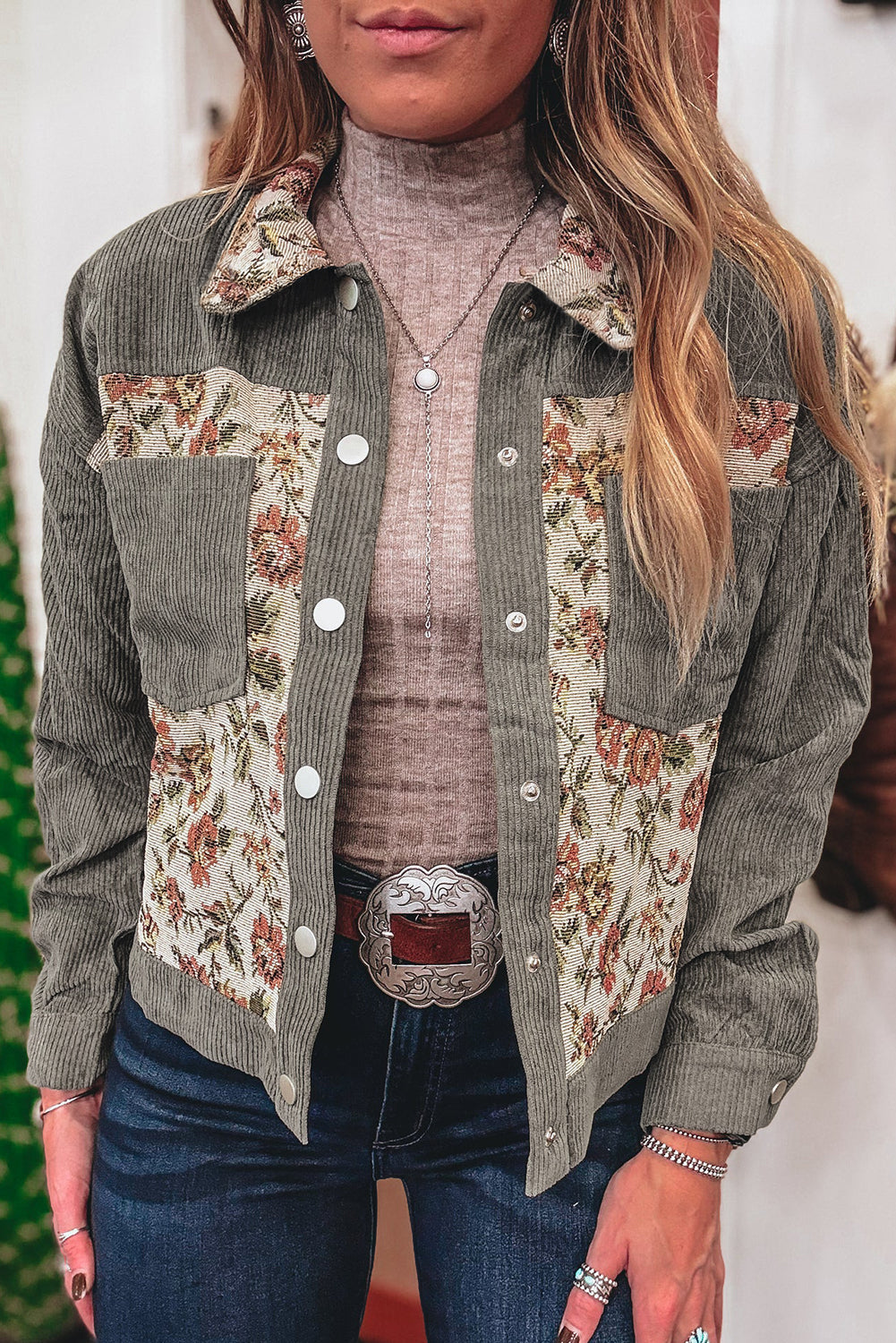 Women Ribbed Retro Floral Patchwork Shirt Style Jacket