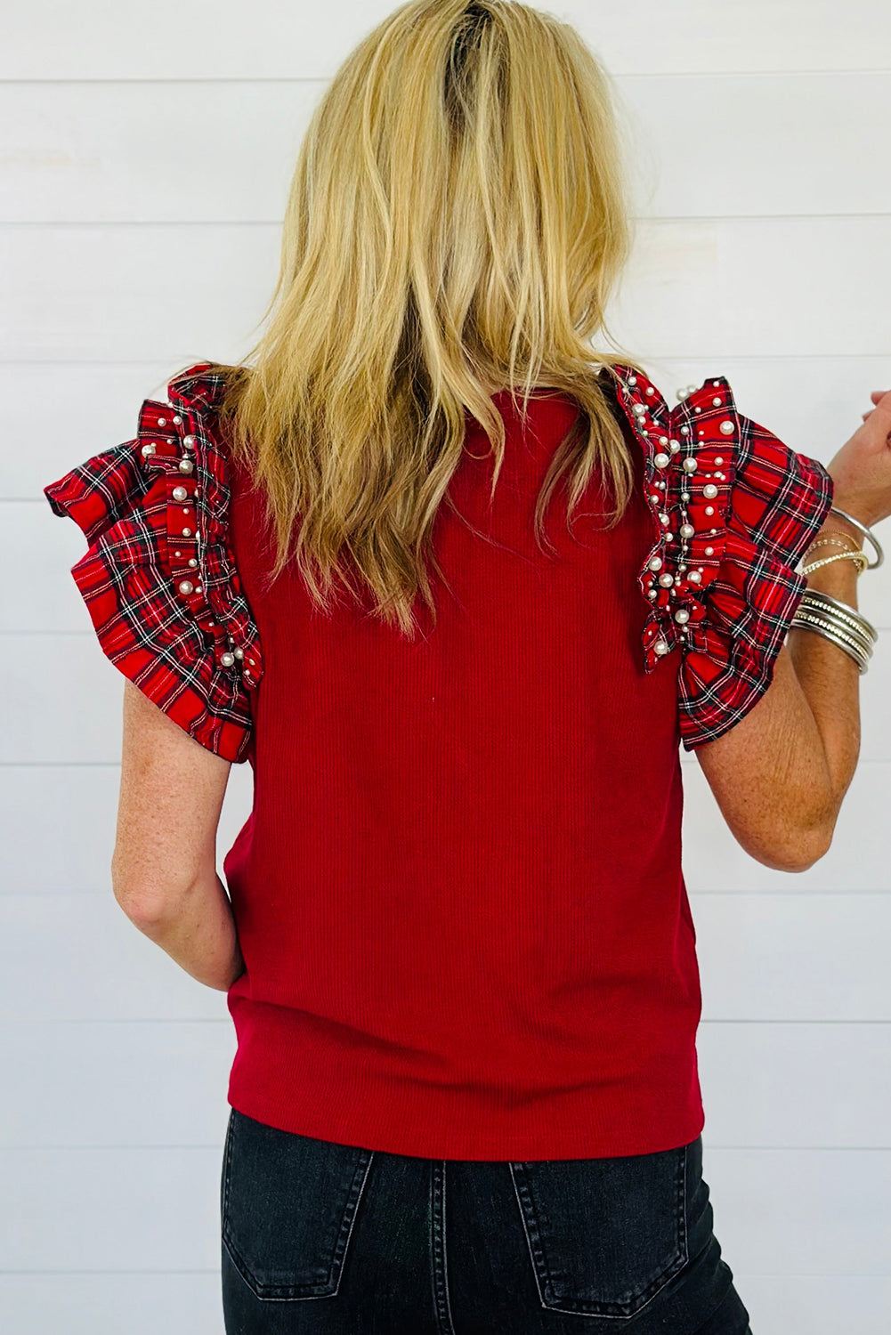 Racing Red Plaid Pearl Ruffle Short Sleeve Loose T Shirt
