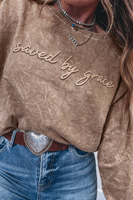 DUNE saved by grace Letter Embroidery Mineral Wash Loose Sweatshirt