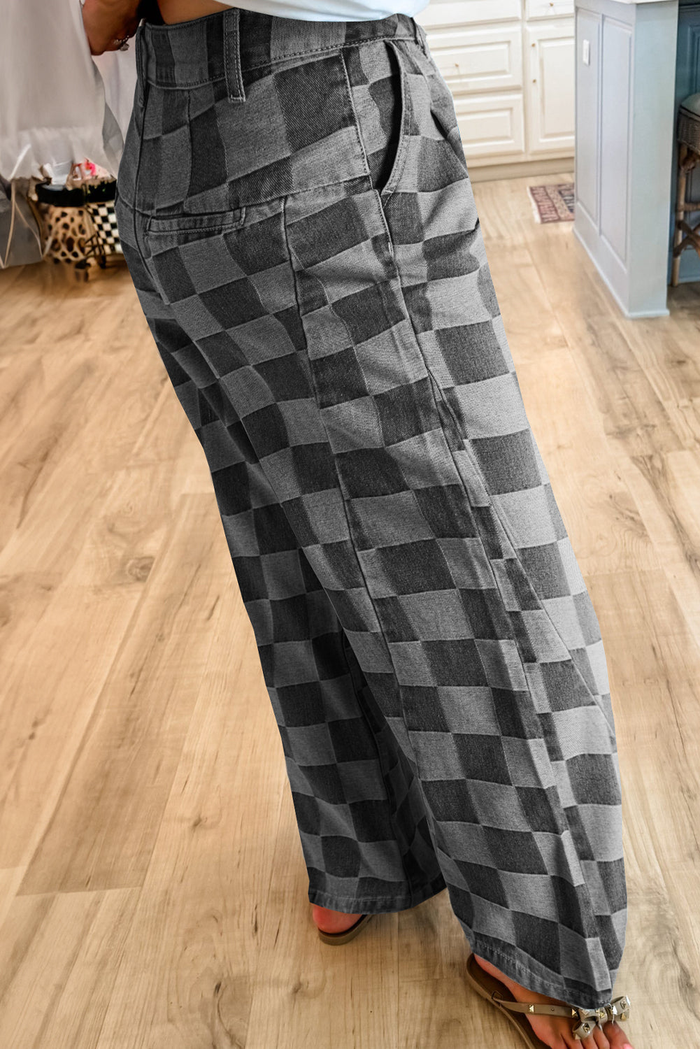 Women Dark Grey Checkered Denim Wide Leg Jeans