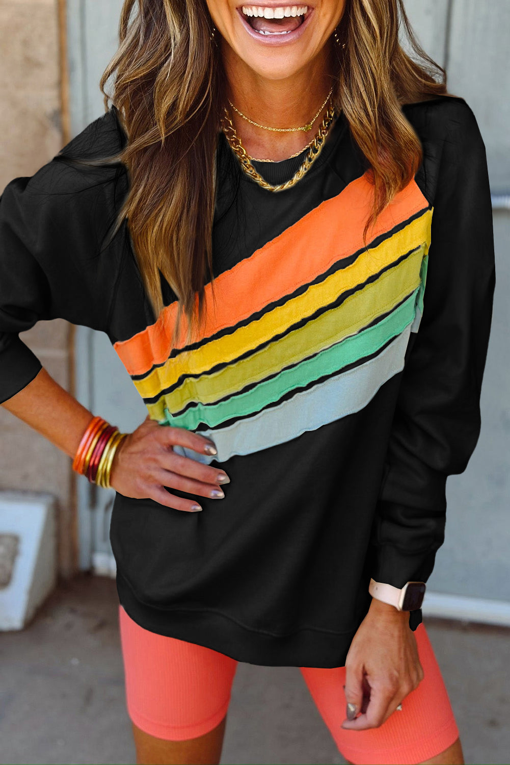 Women Rainbow Colorblock Striped Pullover Sweatshirt