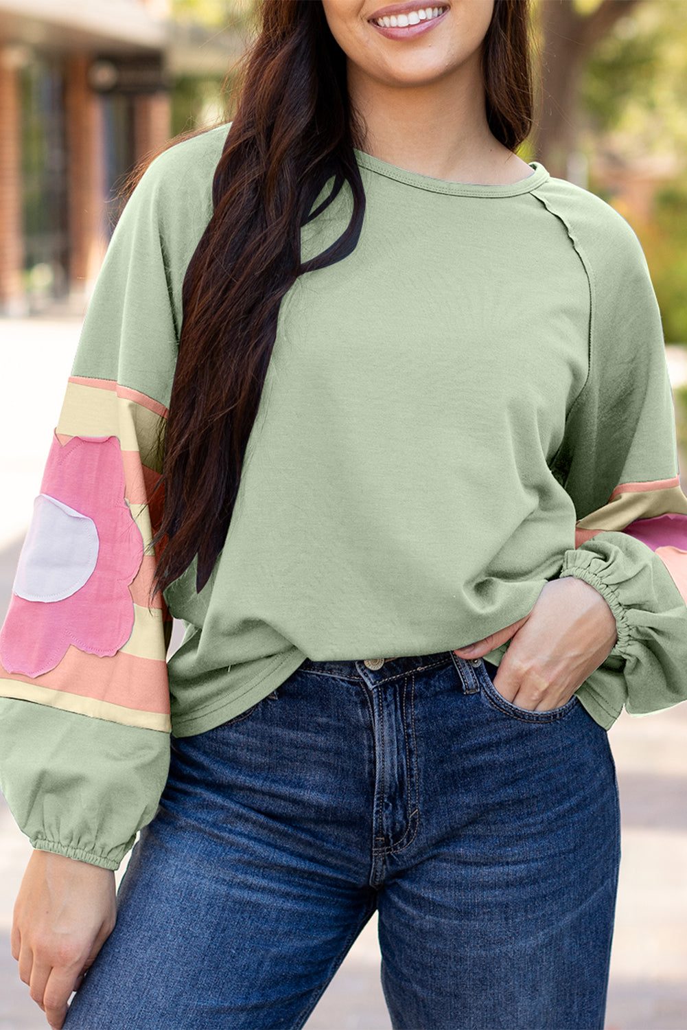 Women Flower Patchwork Raglan Sleeve Oversized Top