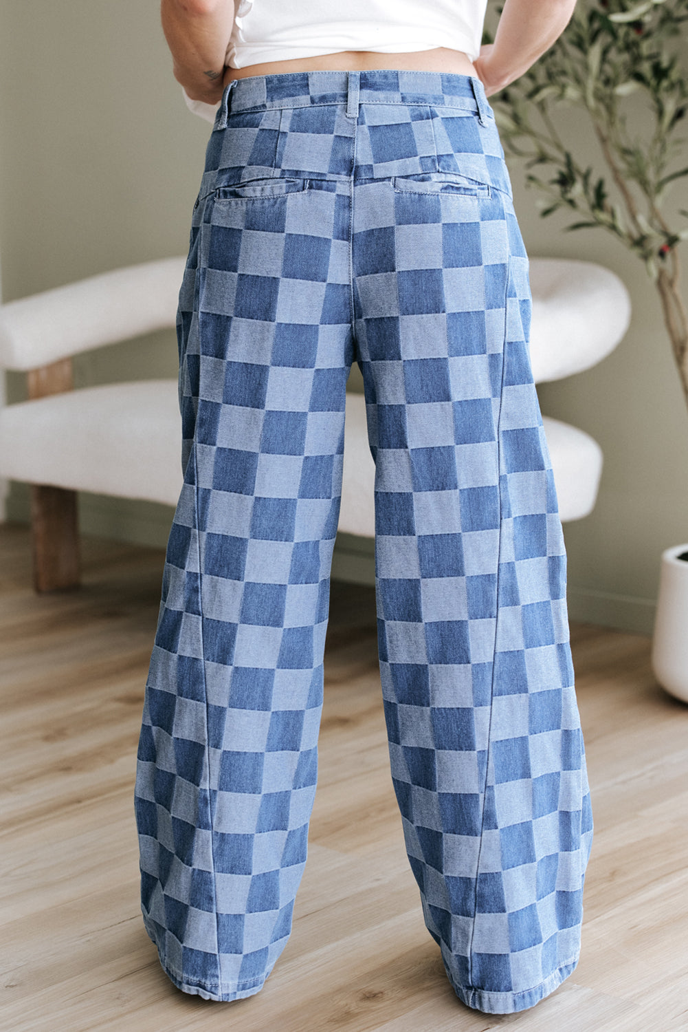 Women Dark Grey Checkered Denim Wide Leg Jeans