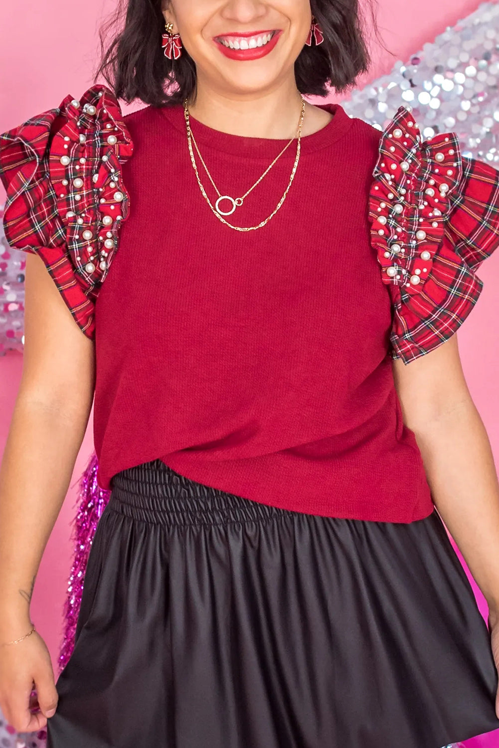 Racing Red Plaid Pearl Ruffle Short Sleeve Loose T Shirt