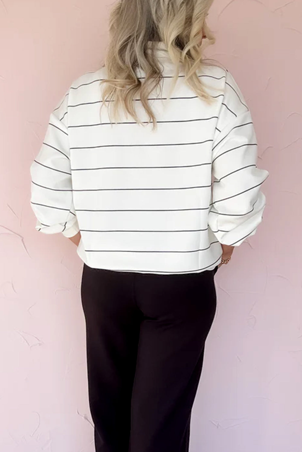 Women White Zip V Neck Casual Stripe Print Long Sleeve Top
