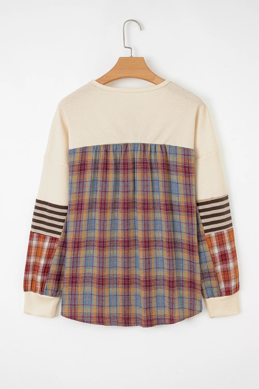 Beige Waffle Stripe Plaid Patchwork Henley Knit Top
