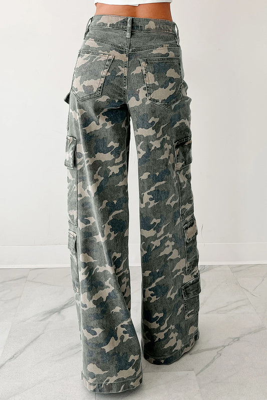 Fashion Camo Denim Cargo Wide Leg Pants