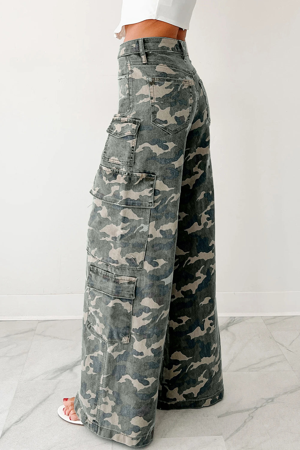 Fashion Camo Denim Cargo Wide Leg Pants