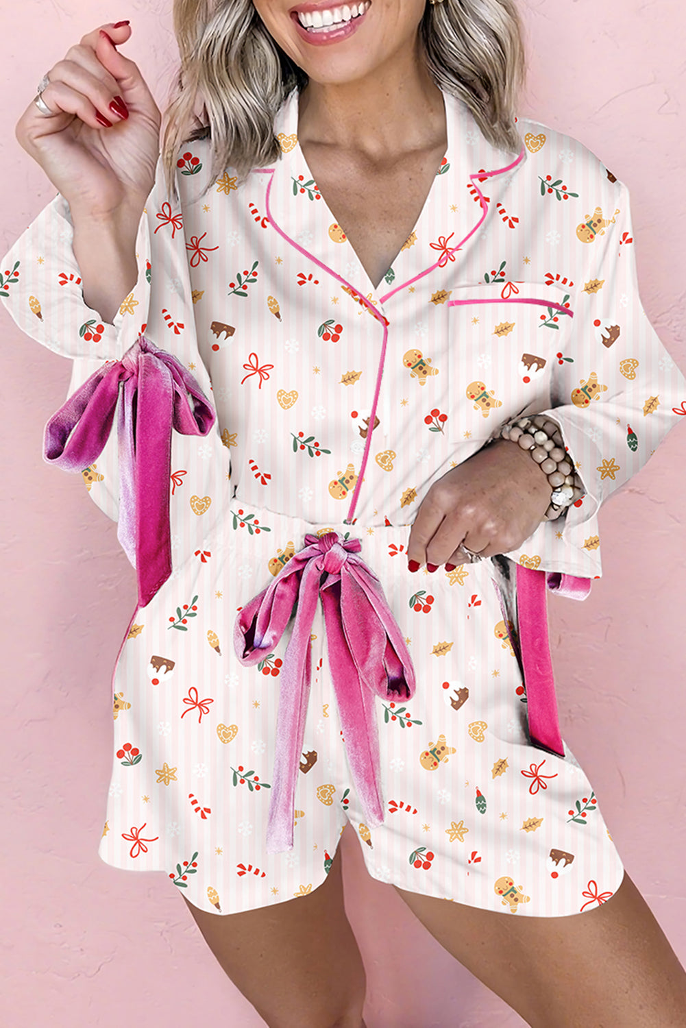 Women Christmas Fashion Print Velvet Trim Bow Knot Pajama 2pcs Short Set