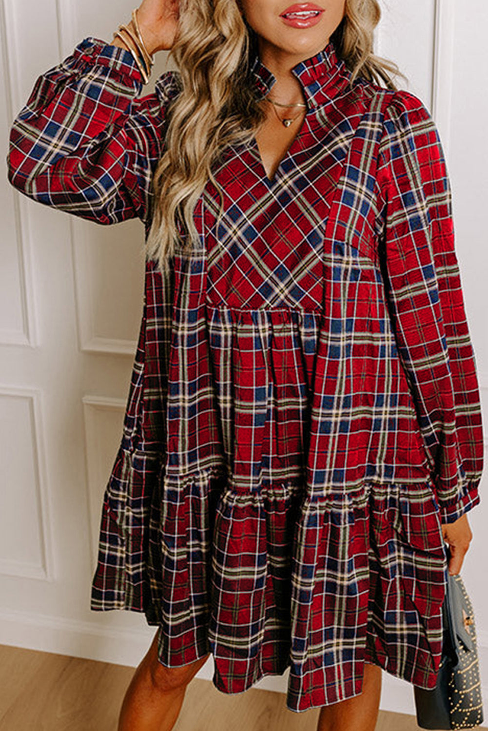 Women Green Plaid Print Long Sleeve Mini Dress