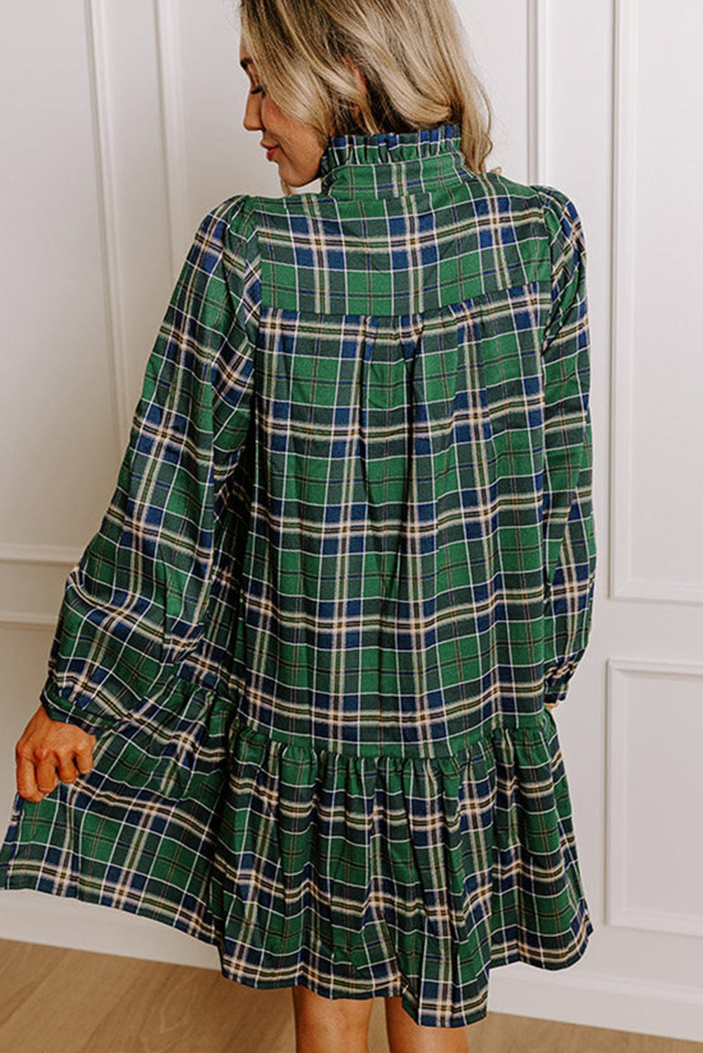 Women Green Plaid Print Long Sleeve Mini Dress