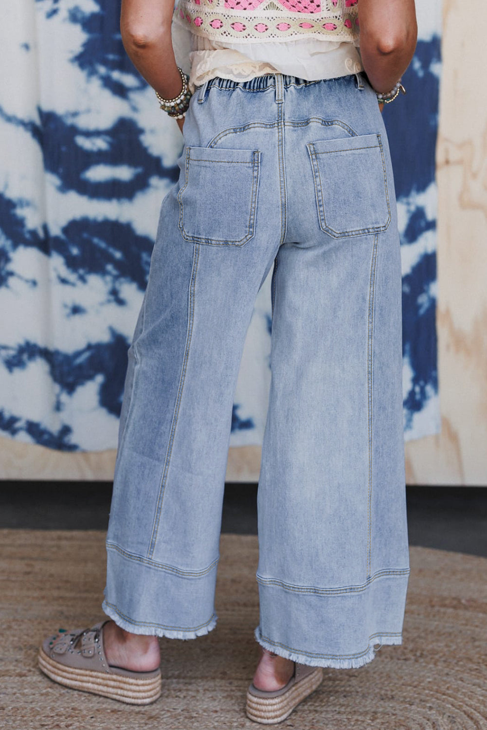 Women Drawstring Seam Detail Raw Hem Wide Leg Denim Pants