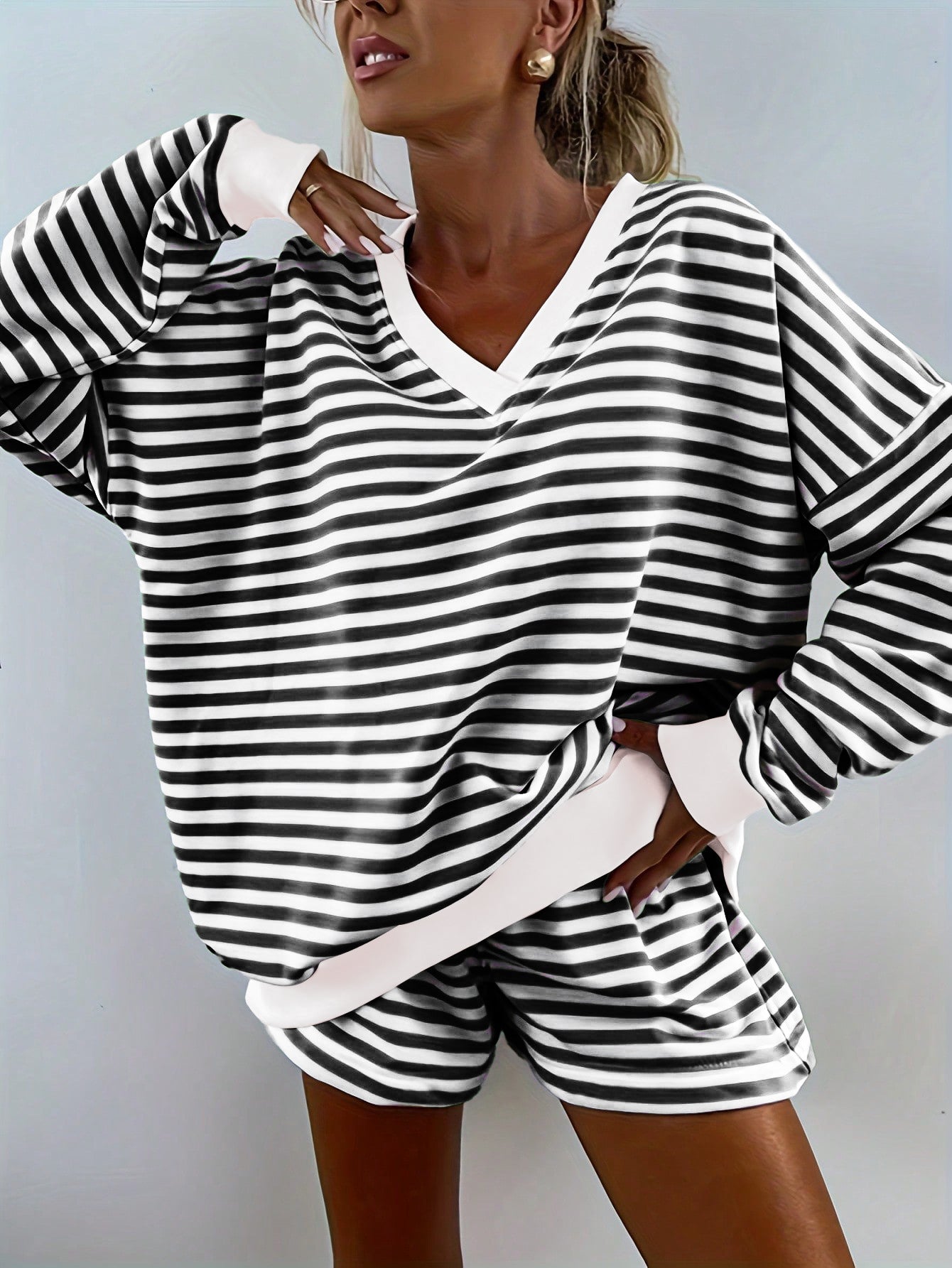 Striped Casual Long-sleeved Shorts Set