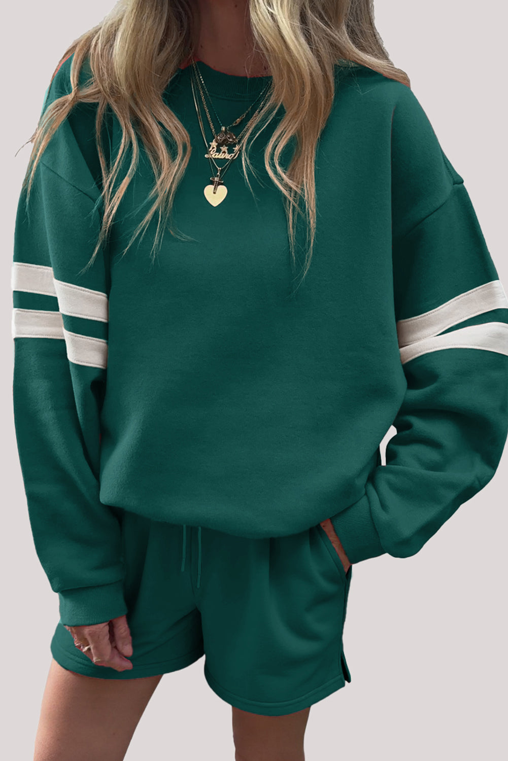 Fiery Red Varsity Striped Sleeve Drop Shoulder Sweatshirt and Short Set