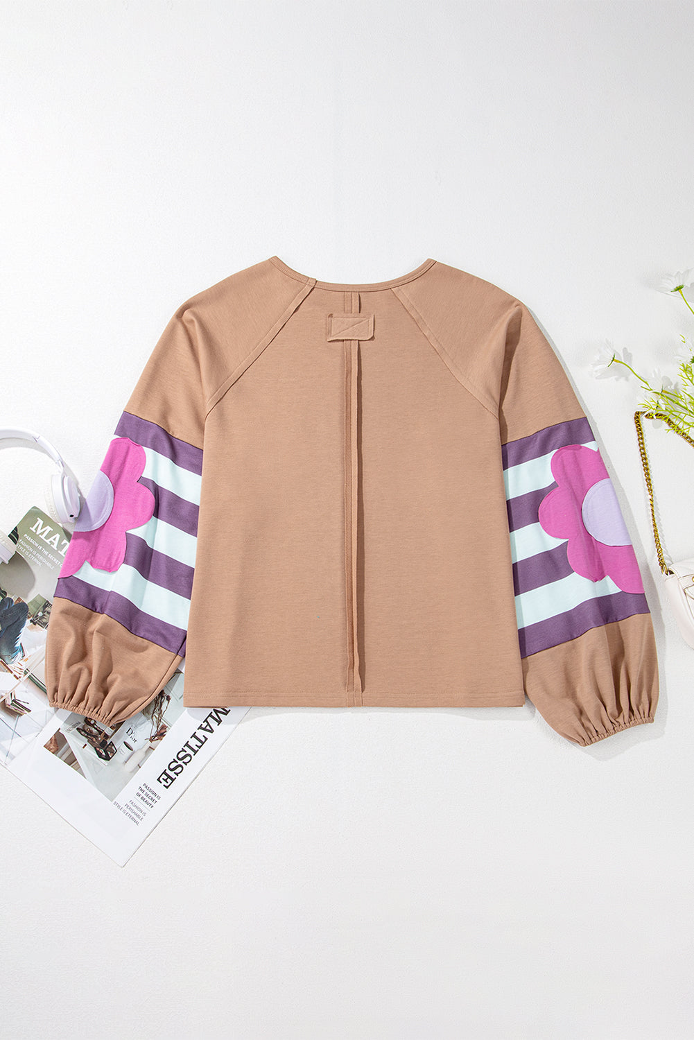 Women Flower Patchwork Raglan Sleeve Oversized Top