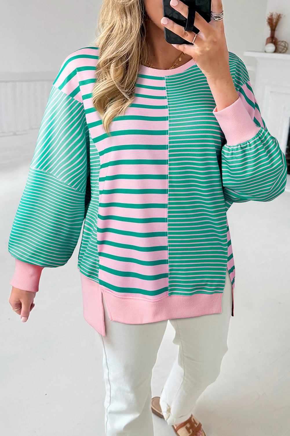 Women Green Stripe Mix Pattern Sweatshirt