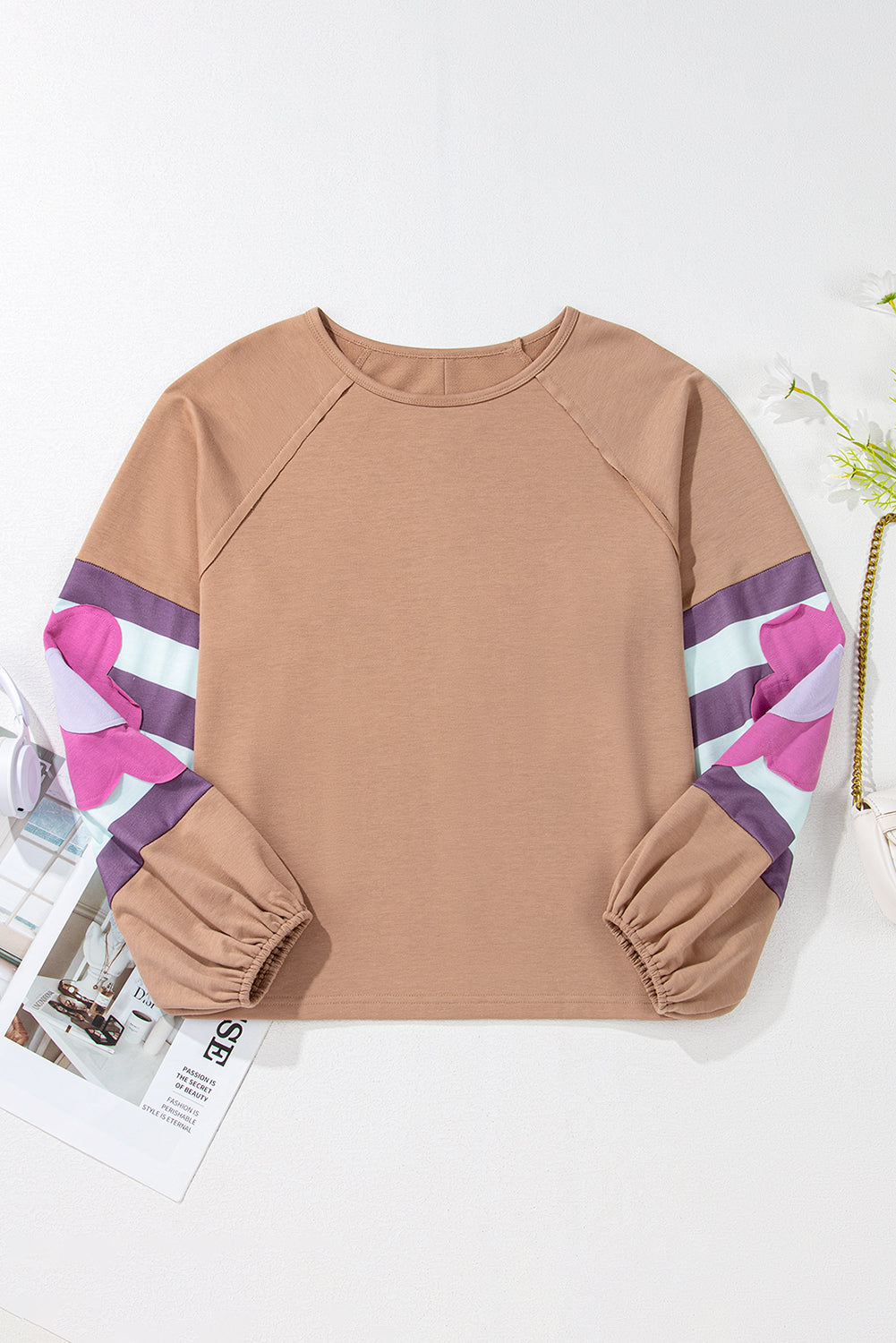 Women Flower Patchwork Raglan Sleeve Oversized Top