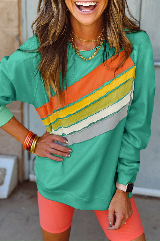 Women Rainbow Colorblock Striped Pullover Sweatshirt