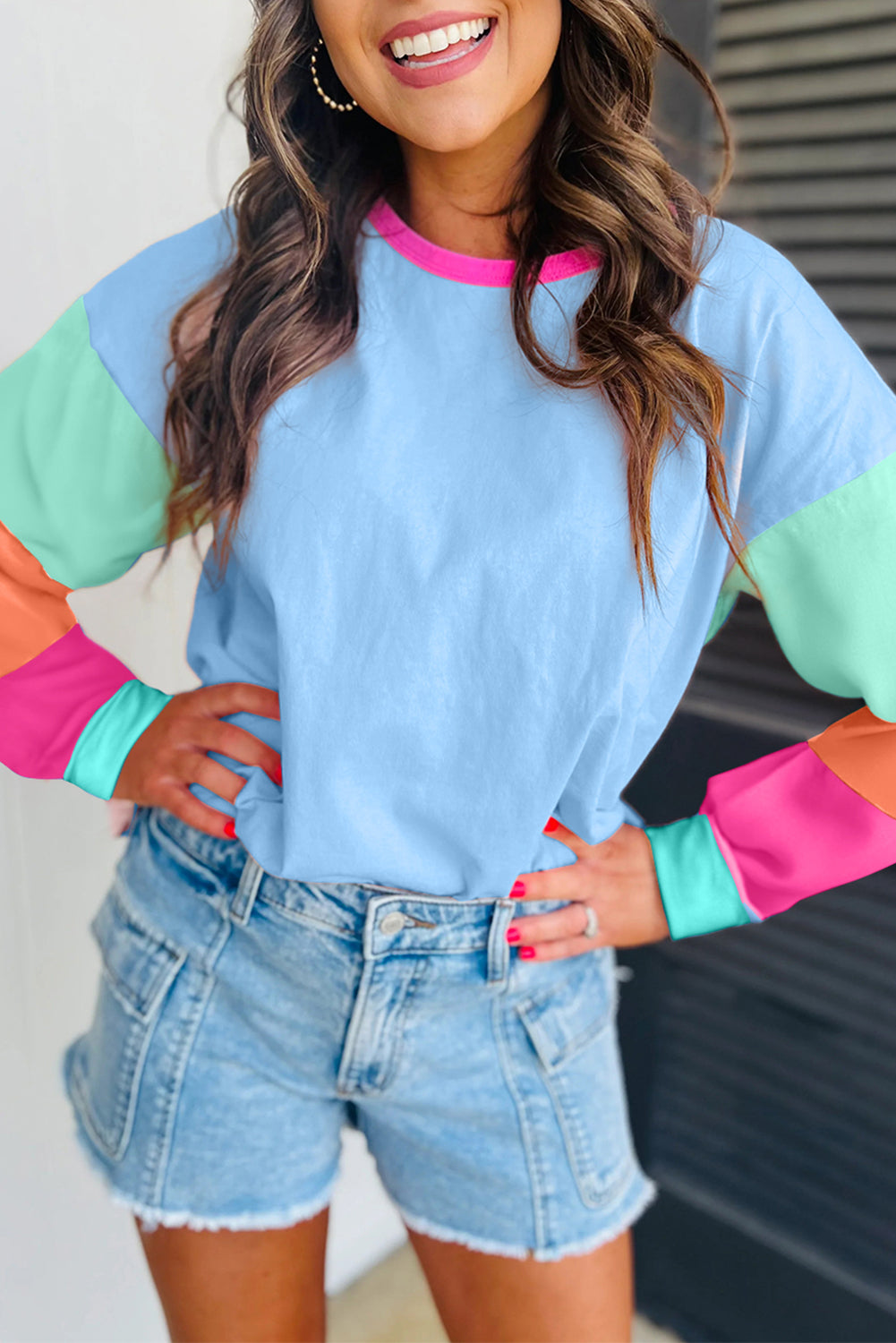 Women Colorblock Patchwork Long Sleeve Loose Top