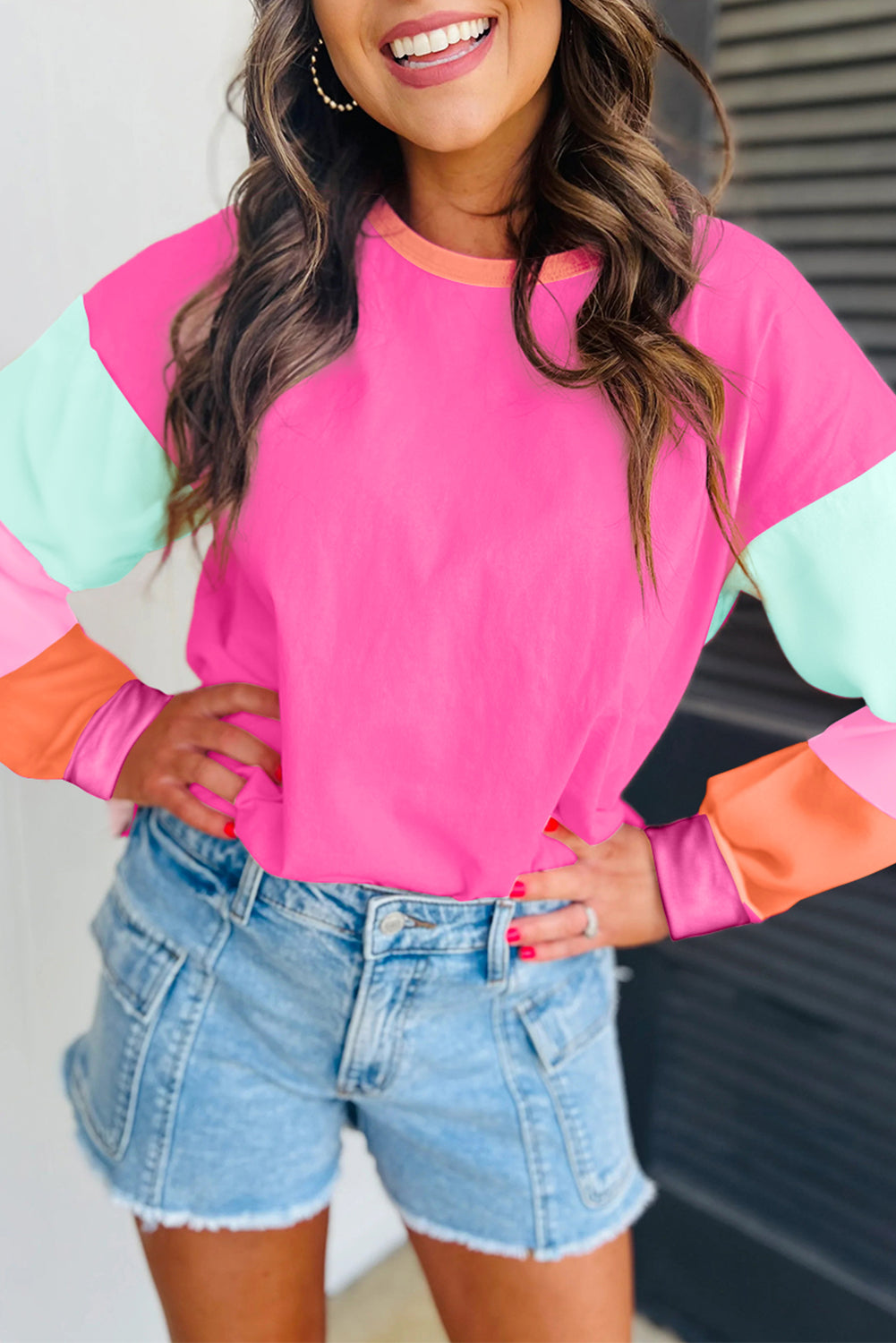 Women Colorblock Patchwork Long Sleeve Loose Top