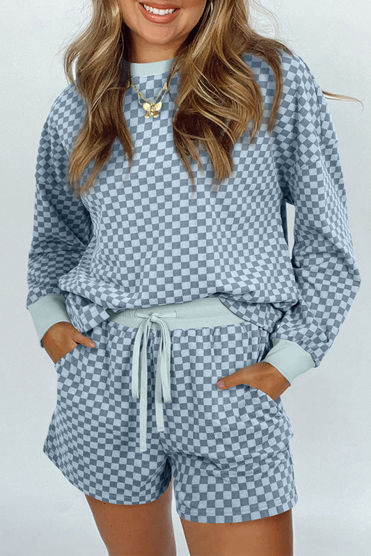 Brown Checkerboard Long Sleeve Pullover and Shorts Set