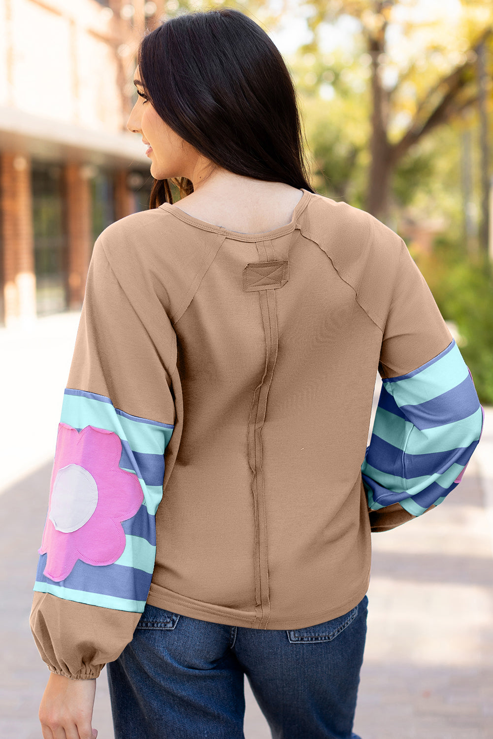 Women Flower Patchwork Raglan Sleeve Oversized Top
