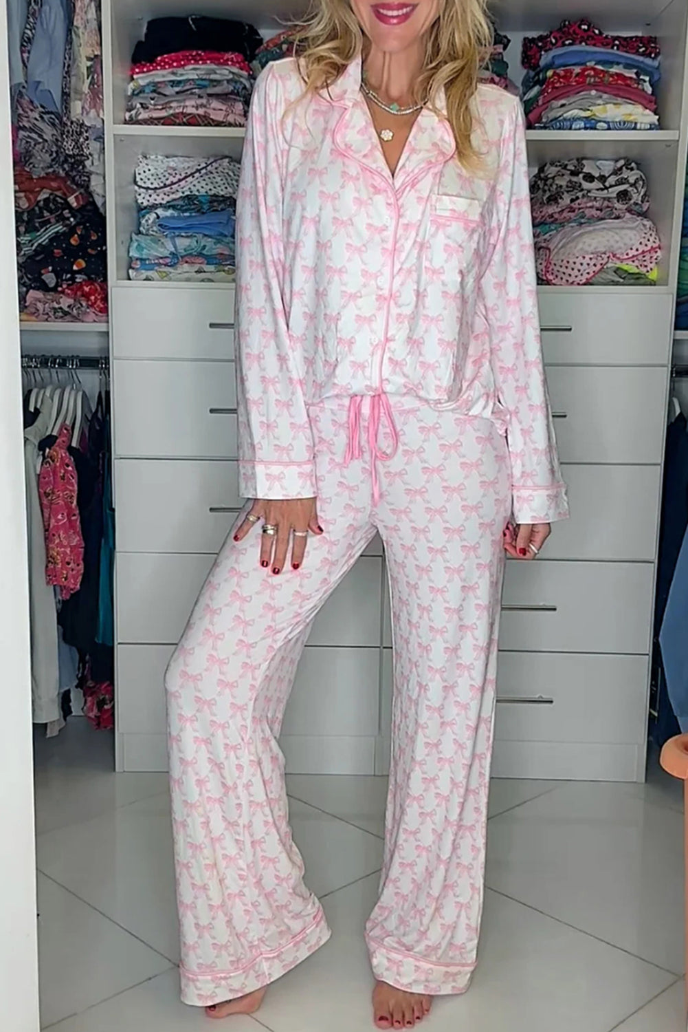 Women Pink Bow Print Long Sleeve Shirt and Pants Soft Pajama Set