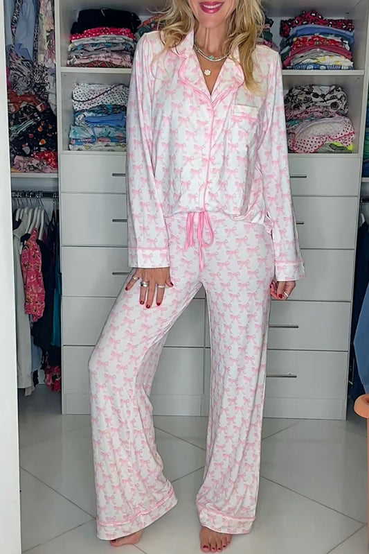Women Pink Bow Print Long Sleeve Shirt and Pants Soft Pajama Set