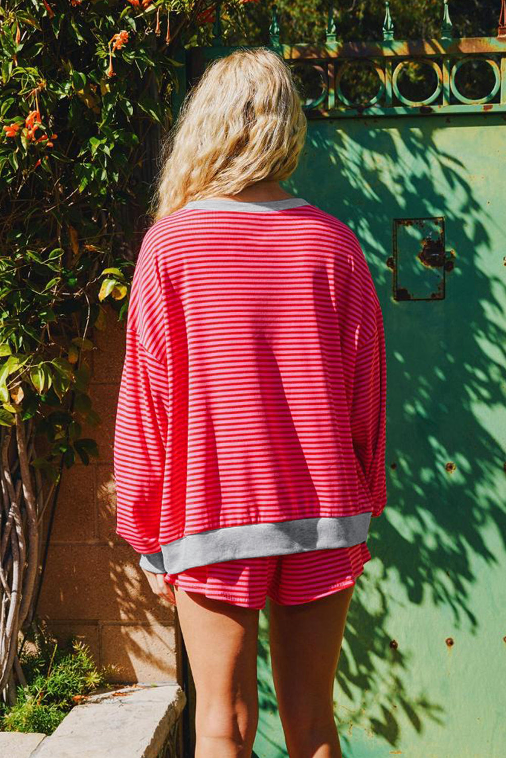 Women Red Stripe Pullover and Shorts Casual Set