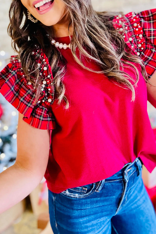Racing Red Plaid Pearl Ruffle Short Sleeve Loose T Shirt