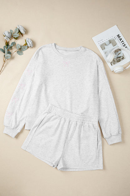 Women Light Grey Girly Bow Embroidered Pullover 2pcs Short Set