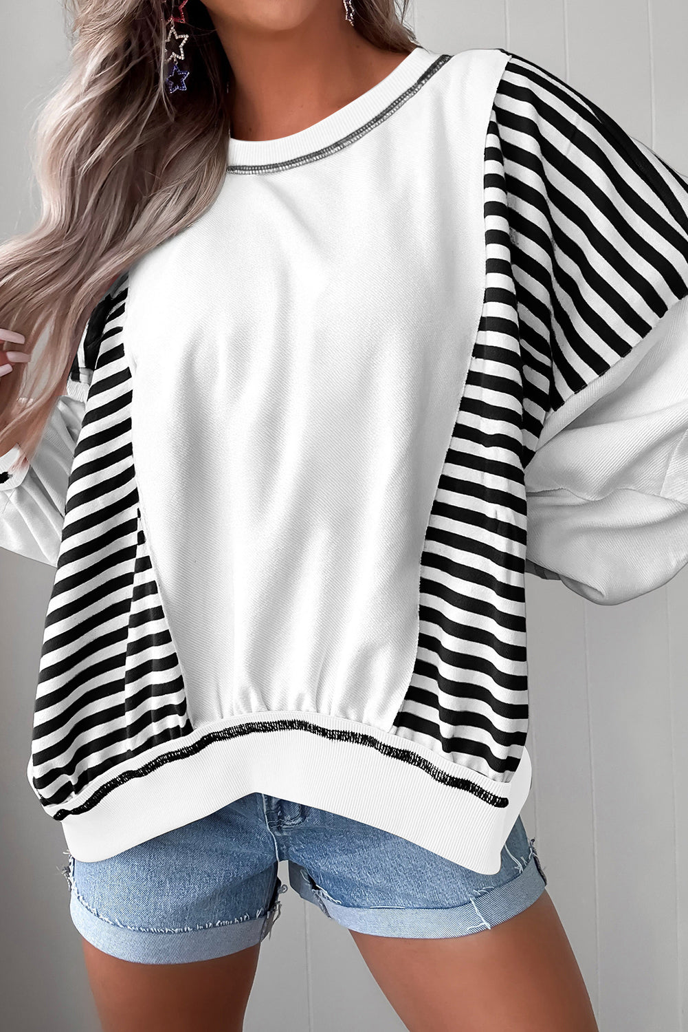 Women Red Stripe Patchwork Contrast Stitching Oversize Sweatshirt