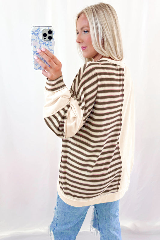 Khaki Stripe Stitched Detail Color Block Patchwork Oversized Pullover Top