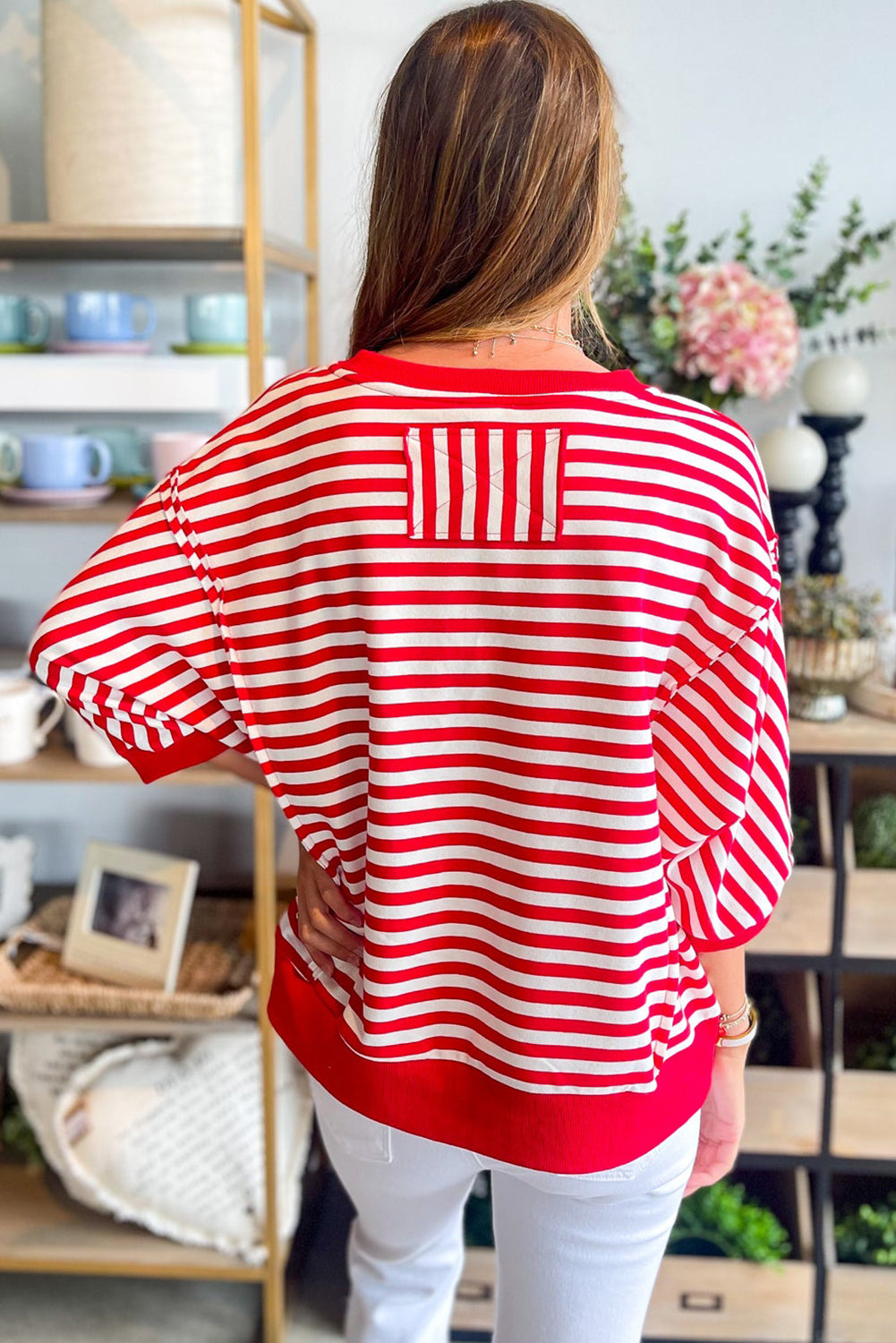 Women Red Stripe Casual Pullover Top
