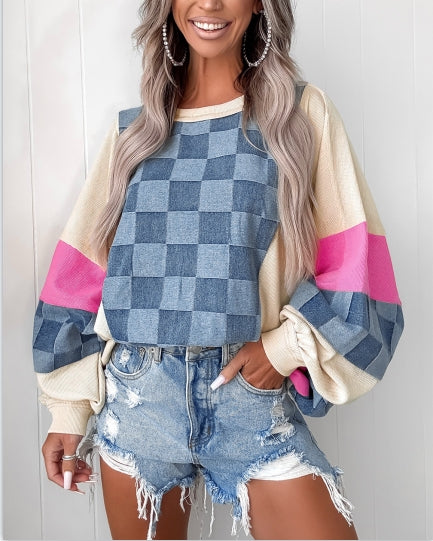 Sky Blue Oversized Checkered Denim Exposed Seam Patchwork Casual Sweatshirt