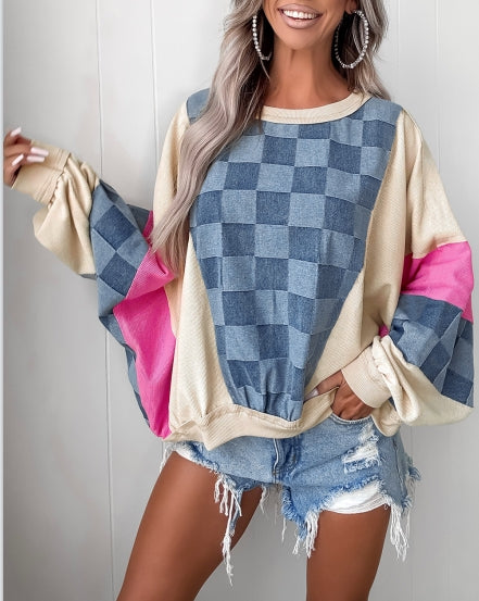Sky Blue Oversized Checkered Denim Exposed Seam Patchwork Casual Sweatshirt