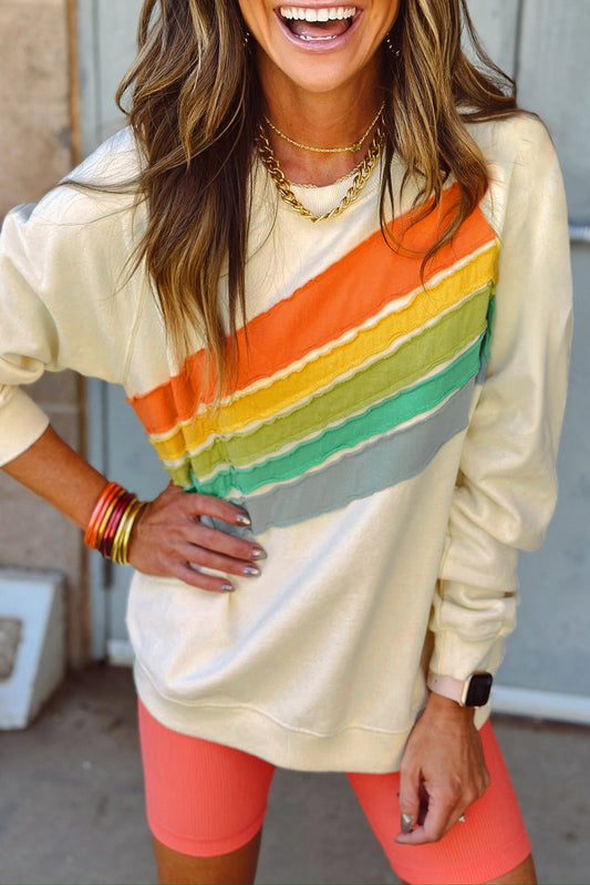 Women Rainbow Colorblock Striped Pullover Sweatshirt