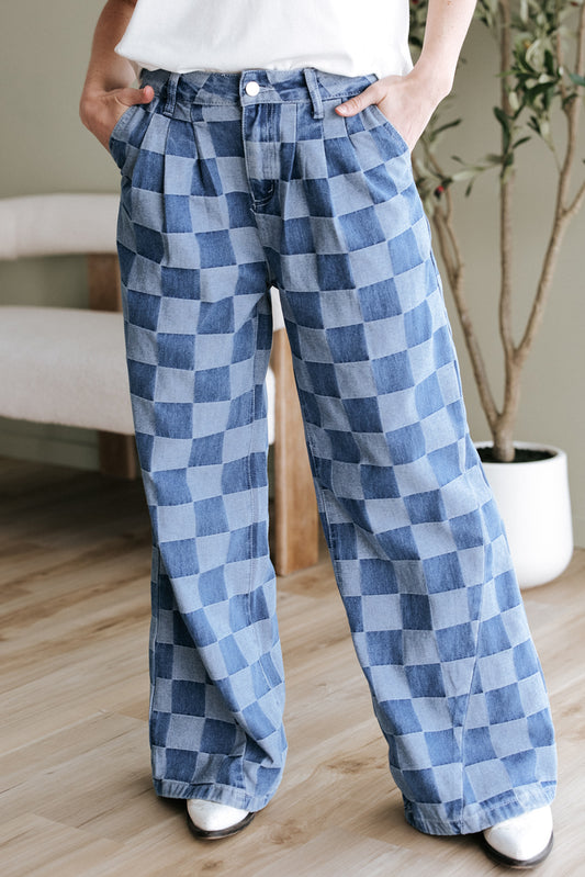 Women Dark Grey Checkered Denim Wide Leg Jeans