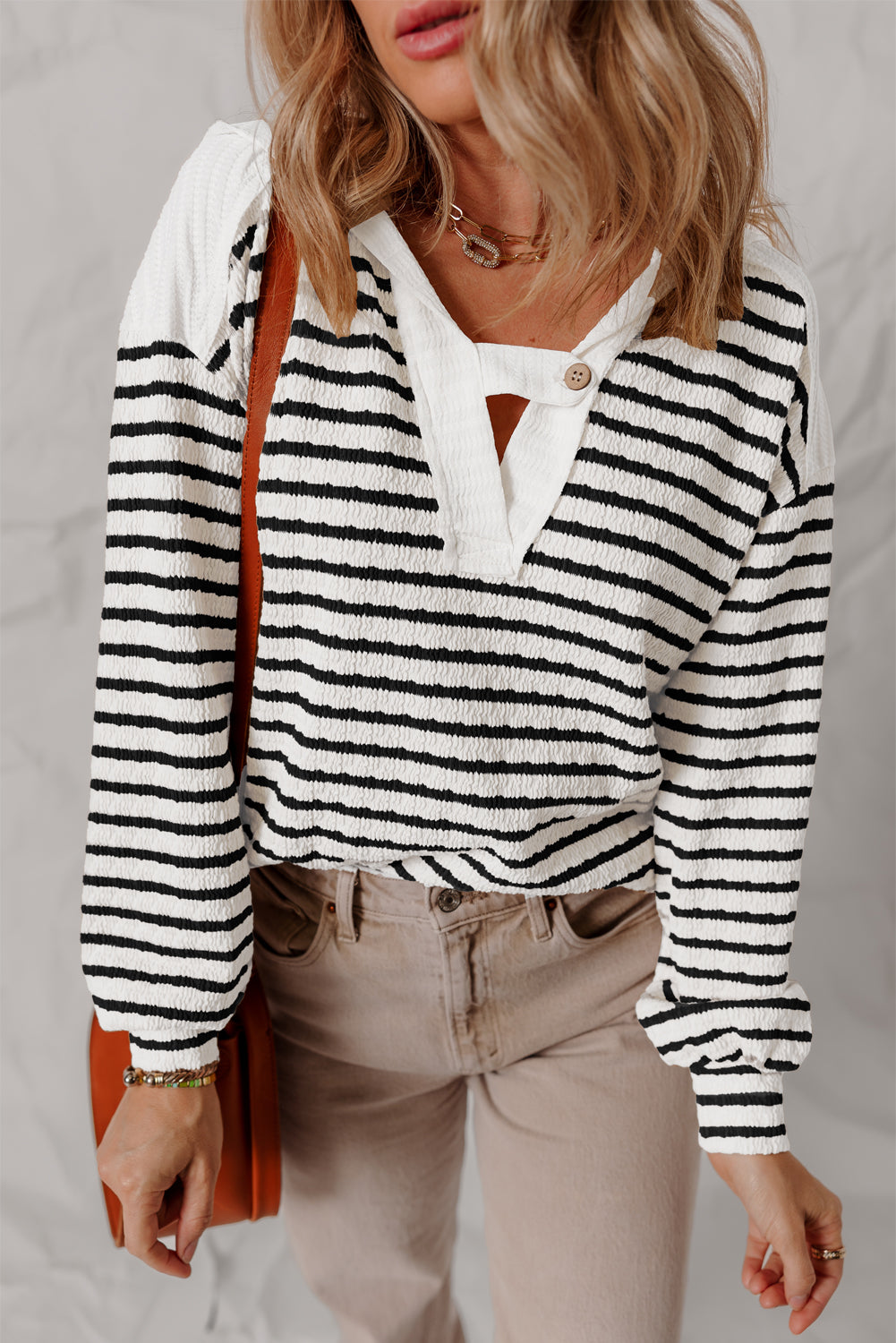 Women Stripe Textured Hooded V Neck Casual Long Sleeve Top