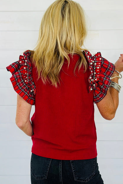 Racing Red Plaid Pearl Ruffle Short Sleeve Loose T Shirt
