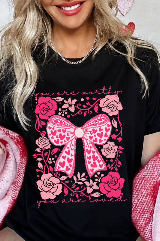 Women Black Valentines Day Slogan Floral and
Bow Printed T Shirt