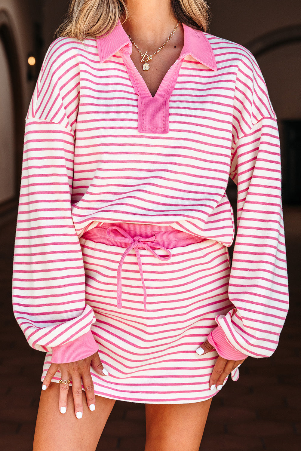 Women Stripe Pullover and Skort 2pcs Outfit
