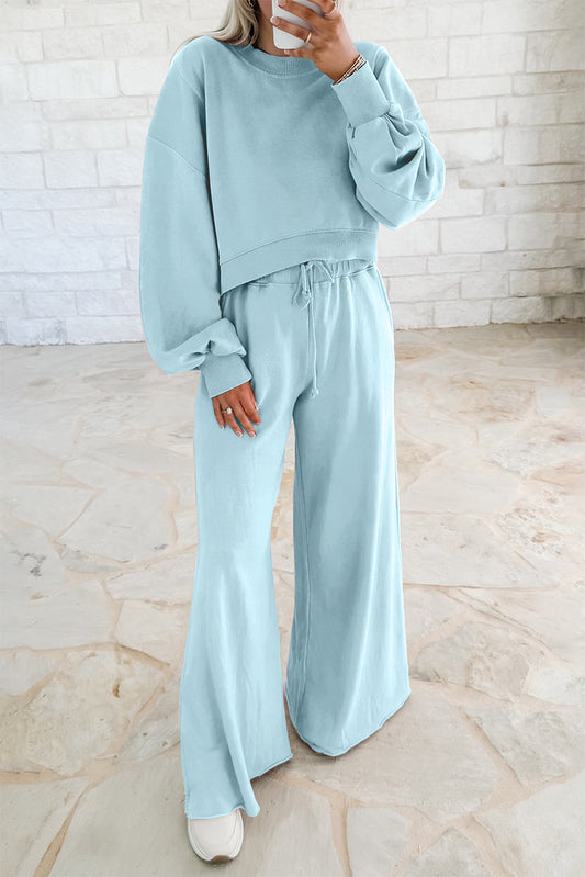Women Mist Blue Pullover Drawstring Wide Leg Pants Set