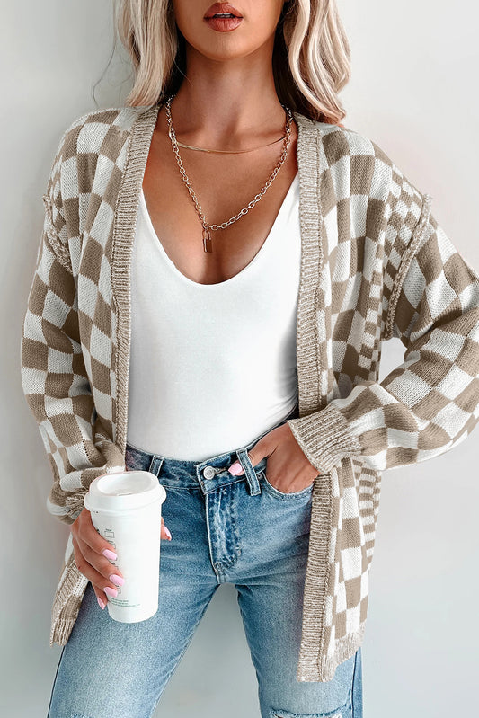 Orange Checkered Open Front Drop Shoulder Cardigan