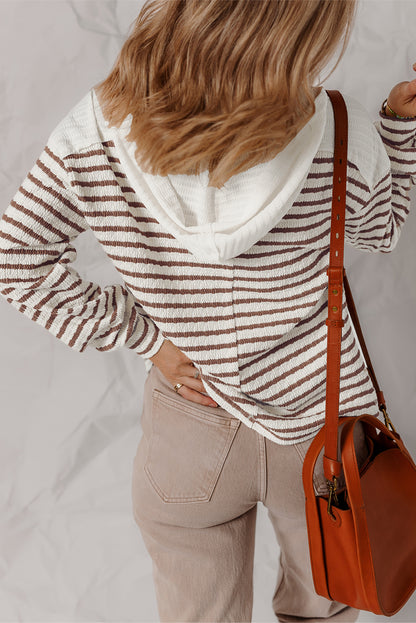 Women Stripe Textured Hooded V Neck Casual Long Sleeve Top