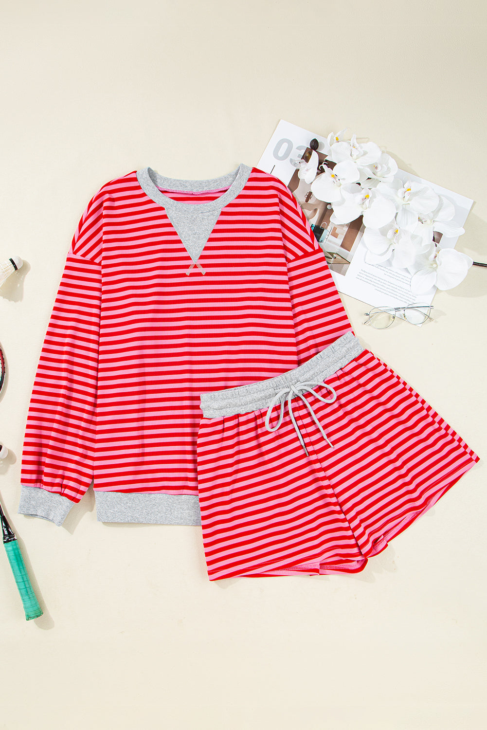 Women Red Stripe Pullover and Shorts Casual Set