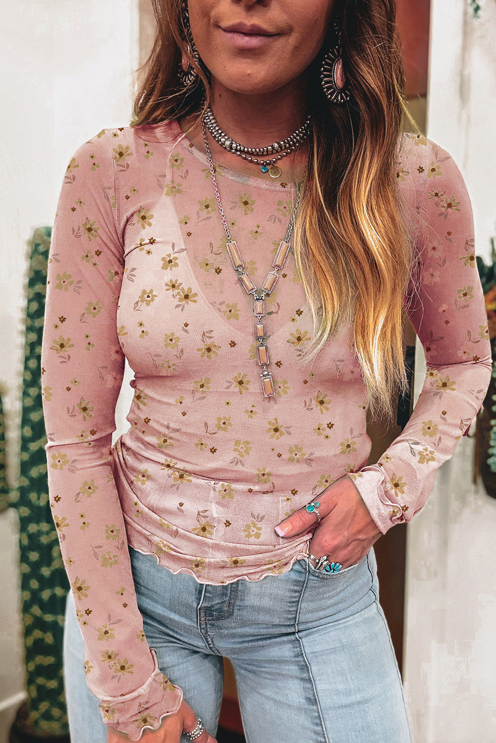 Women Vintage Floral Print Long Sleeve Top