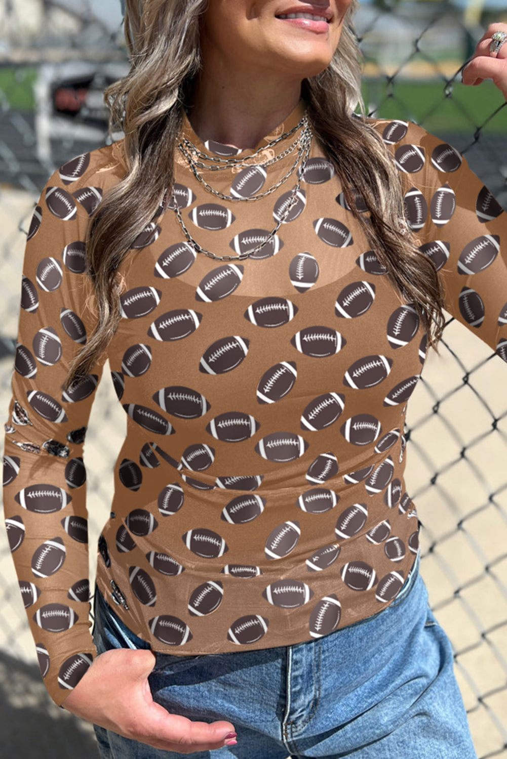 Women Game Day Rugby Mesh Sheer Long Sleeve Top