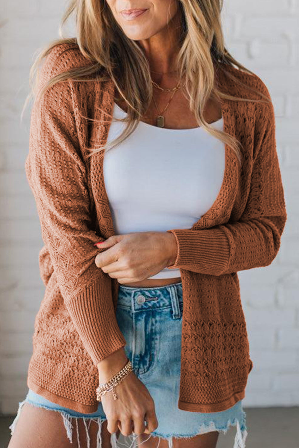 Women Mix Pattern Hollowed Knit Open Front Cardigan